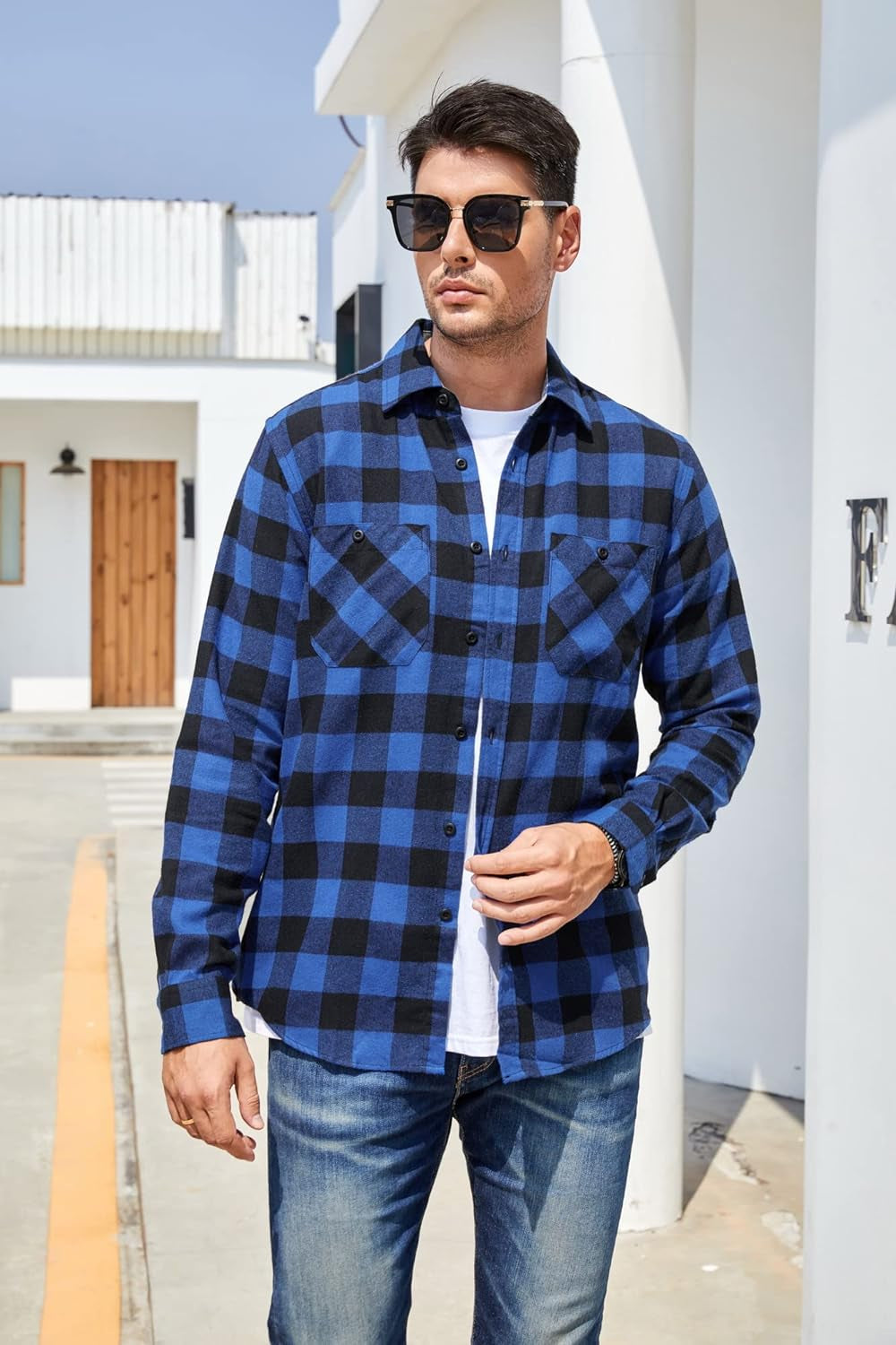 Mens Button down Shirts Regular Fit Long Sleeve Casual Plaid Flannel Shirt